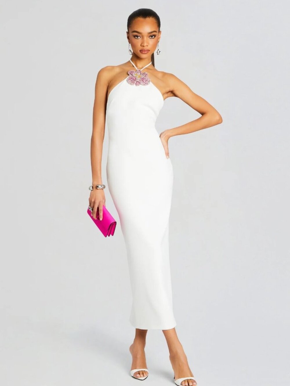 Retrofête Cheryl White Crystal Flower Halter Midi Dress Size M